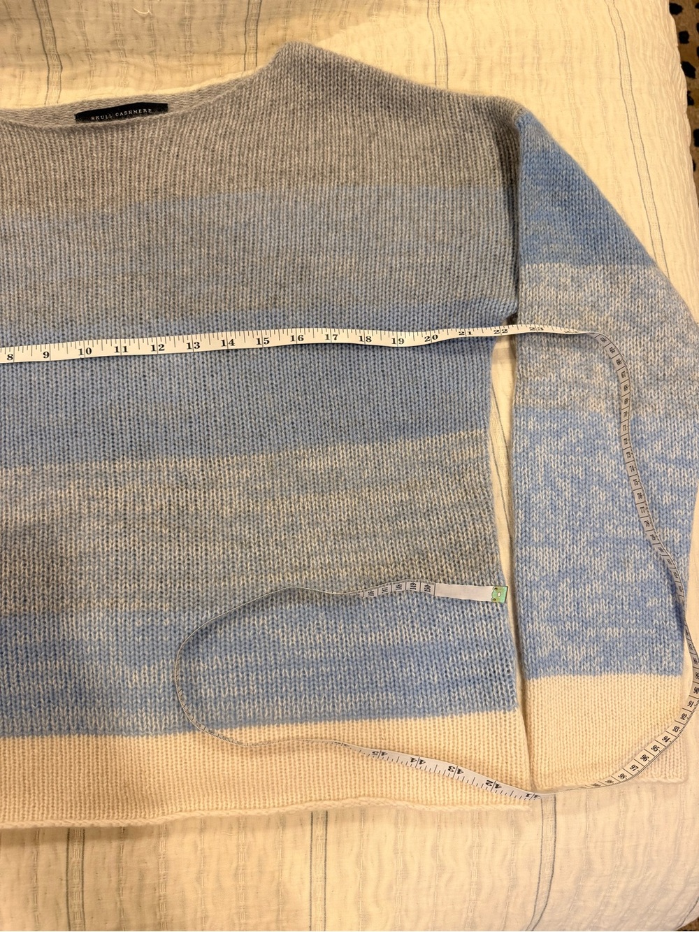 Skull Cashmere Crewneck Sweater in Light Blue, Gray & Cream with Graphic - Picture 12 of 15